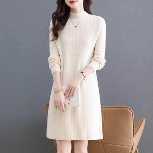 2025秋冬新款小个子中长款半高领内搭白色打底毛衣裙女针织连衣裙