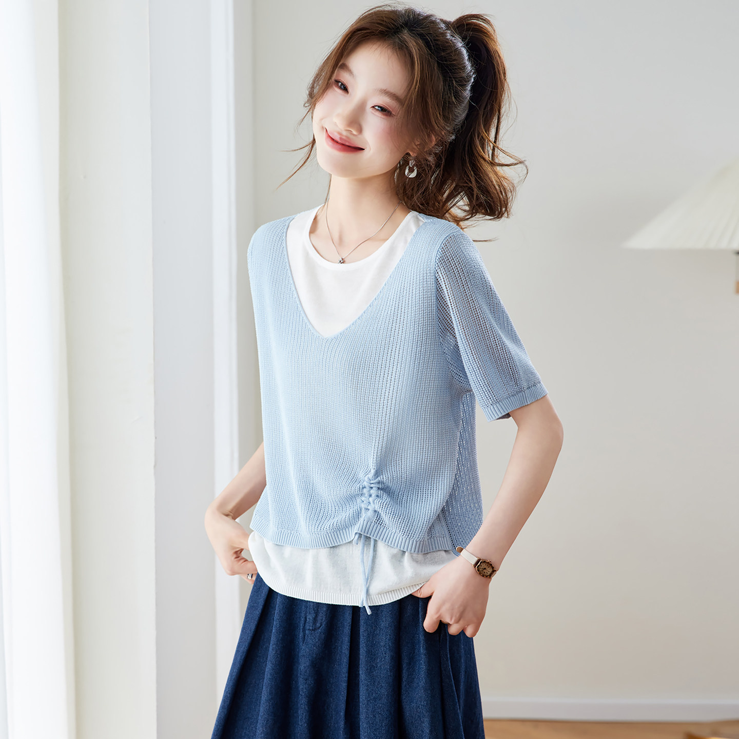 假两件拼接短袖t恤女2026新款夏季抽绳宽松设计感莱赛尔薄款上衣
