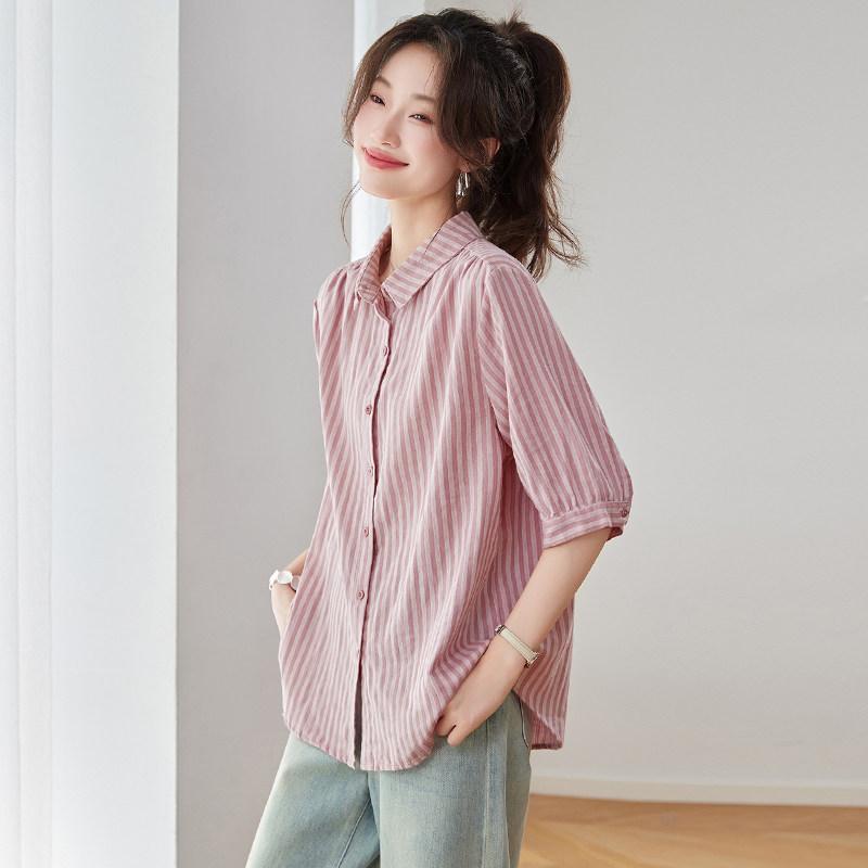 纯棉粉色条纹短袖衬衫女士2025新款夏季宽松遮肉衬衫中袖上衣小衫