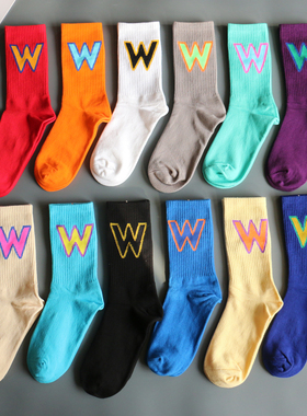 原创潮袜子中筒袜男女ins欧美街头嘻哈滑板W字母运动袜情侣长棉袜