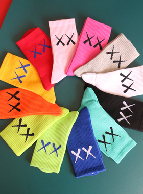 四双装 袜子男中筒袜女INS潮牌XX字母街头嘻哈滑板运动长袜棉薄款