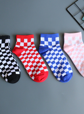 棋盘格袜子男士短筒袜潮复古百搭春夏棉袜日系穿搭ins女生短袜薄