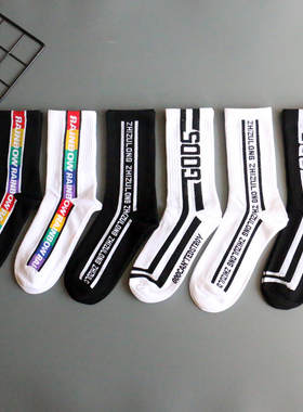 青少年袜子美式字母印花中筒袜男女通用ins潮街头个性运动袜秋冬