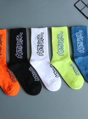 潮牌袜子男中筒袜纯棉运动袜春夏薄款防臭吸汗ins潮牌字母长袜女