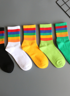 彩虹袜子男女中筒袜春夏季棉袜潮袜外穿长筒袜条纹运动袜青年袜子