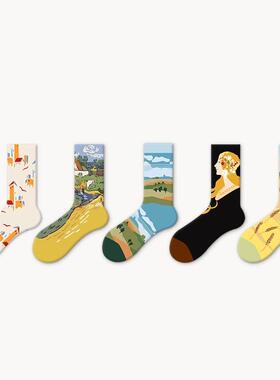 原创油画袜子女复古中筒袜2024秋季新款ins潮情侣无骨棉袜诸暨袜