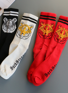 美式风中筒袜男女同款老虎头刺绣条纹潮牌运动袜ins街头长袜3双装