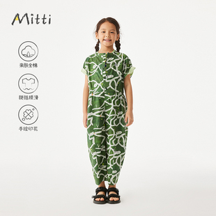 Mitti2025夏新款儿童纯棉裤子满幅印花短袖圆领宽松连体裤男女童