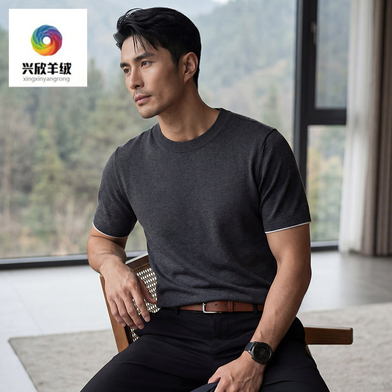 桑蚕丝短袖t恤男夏季新款圆领撞色真丝半袖上衣体恤衫休闲汗衫男