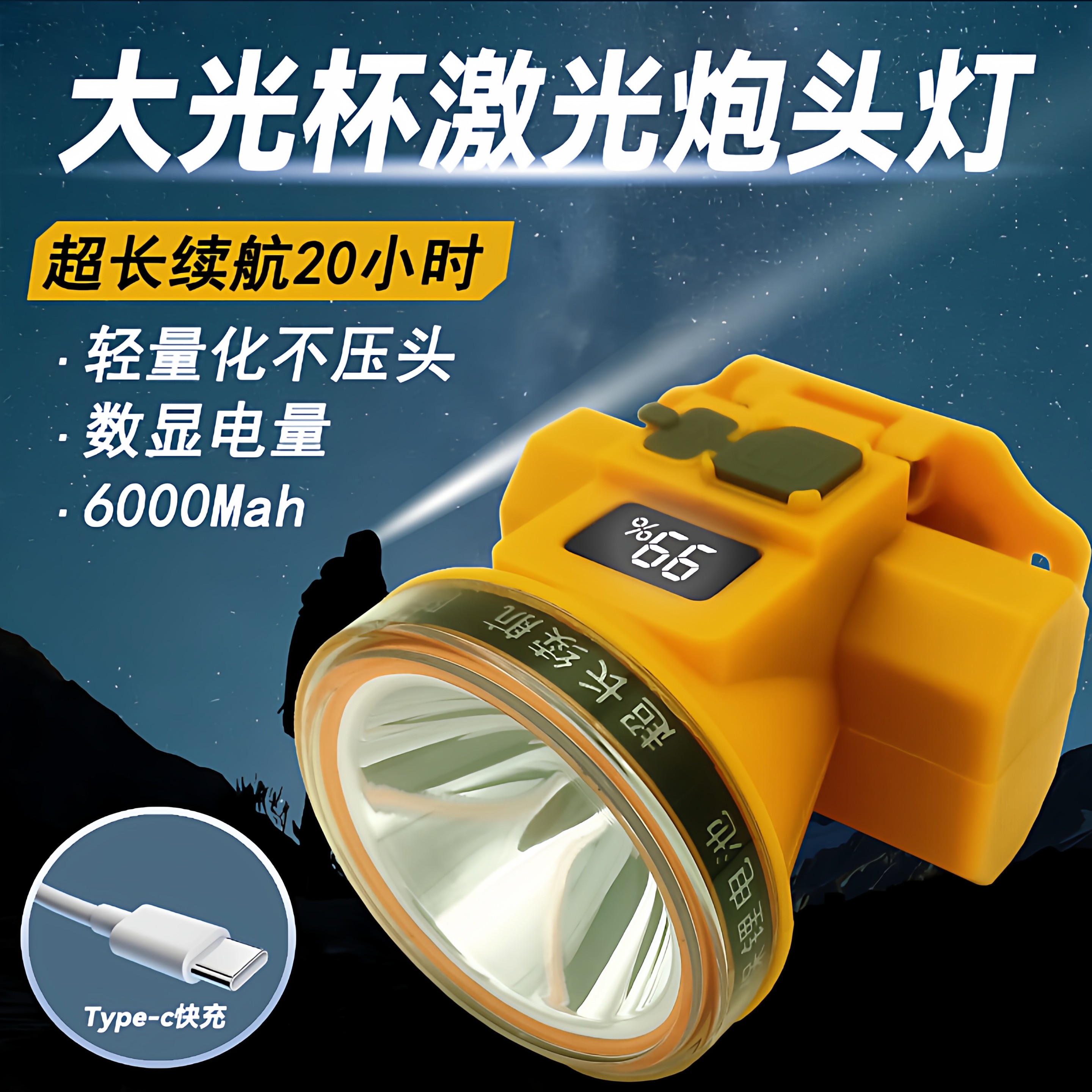 雷蛇2025新款充电头灯轻便超长续航数字显示矿灯钓鱼灯头戴式头灯