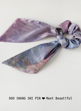 莫奈油画紫色缎面飘带发圈低马尾绑发头绳高级感复古扎头发绳皮筋