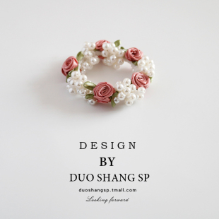 自留款 甜美粉色玫瑰花朵发圈少女心超仙头绳仿珍珠发饰品 发绳