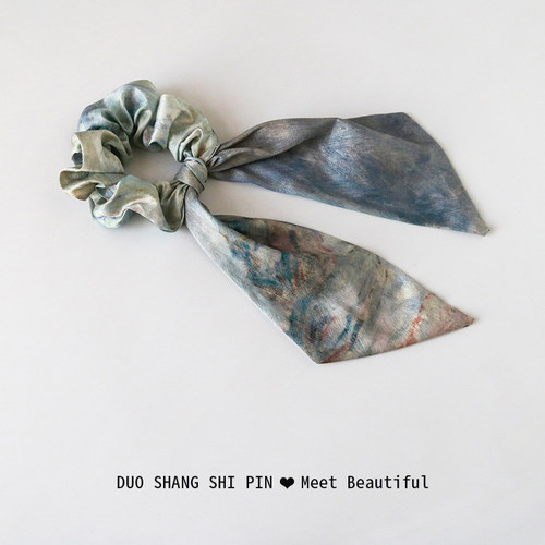 莫奈油画晕染飘带发圈低马尾复古