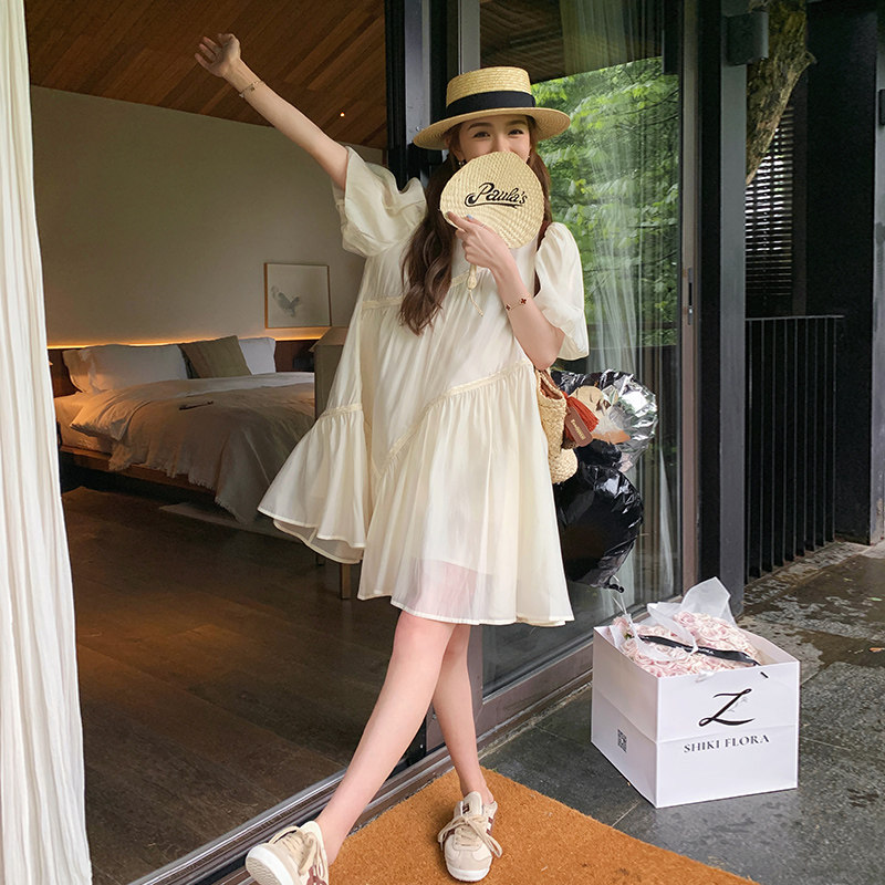 法式米白色桔梗连衣裙女2025夏季新款甜美减龄宽松泡泡袖公主裙子,女装连衣裙,浙宝257