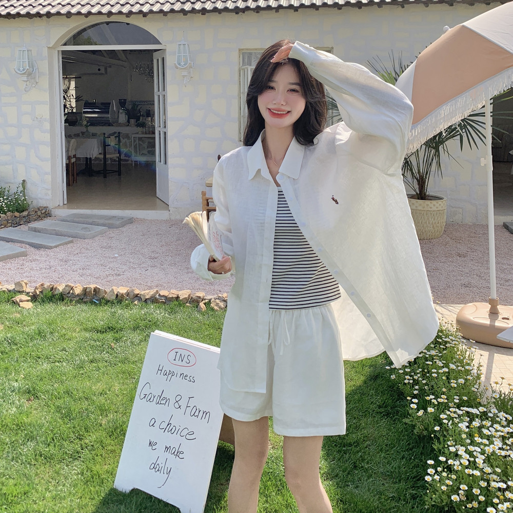 松弛感轻薄防晒衬衫套装女2025夏新款显瘦条纹吊带背心短裤三件套,女装套装/套裙,浙宝257