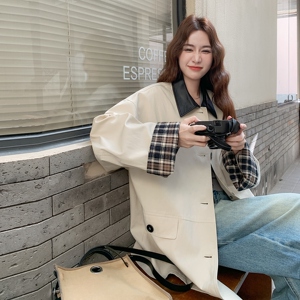 25秋新款现货！韩系拼接格纹风衣外套257-58517-P155K228,女秋款中长款风衣搭配图片