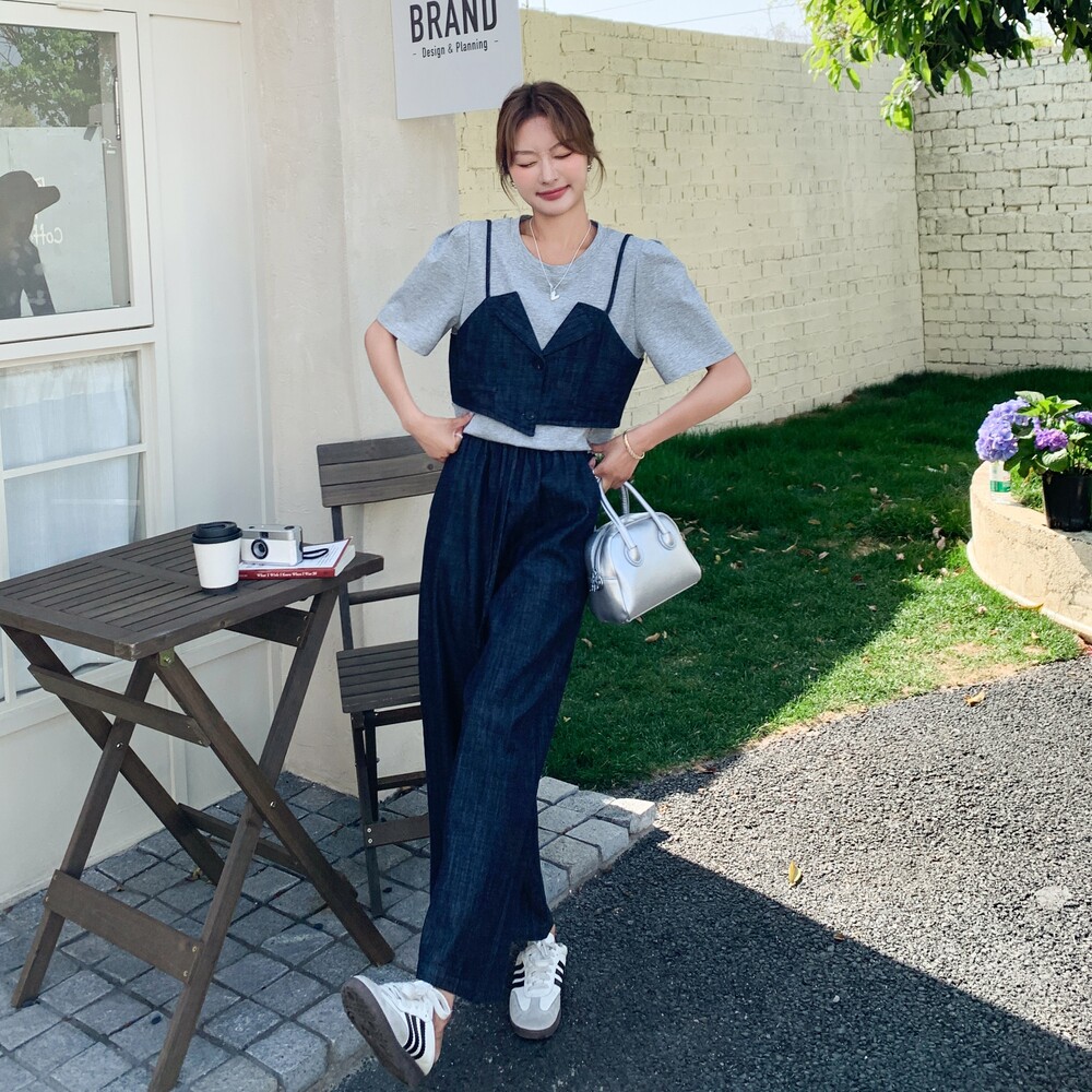 设计感真两件牛仔吊带短袖上衣套装女2025年夏季新款阔腿裤两件套,女装套装/套裙,浙宝257