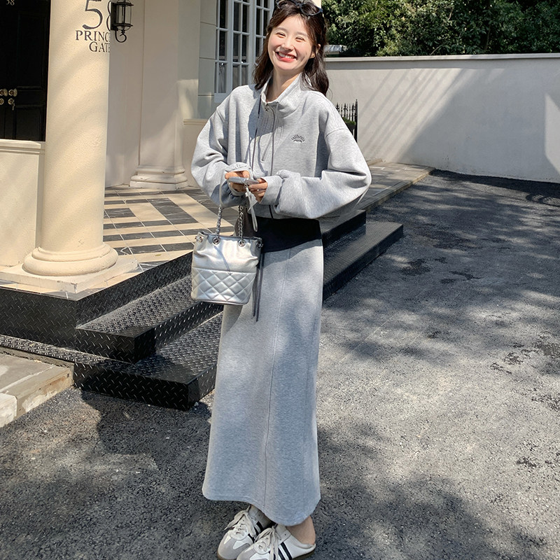 灰色韩版休闲卫衣两件套2025秋季新款撞色拼接上衣显瘦半身两套装,女装套装/套裙,浙宝257