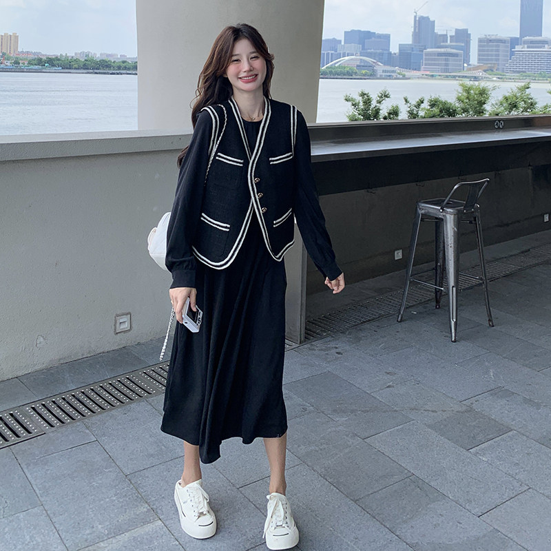法式时尚拼色小香风马甲套装女2025春秋季新款显瘦气质长裙两件套,女装套装/套裙,浙宝257