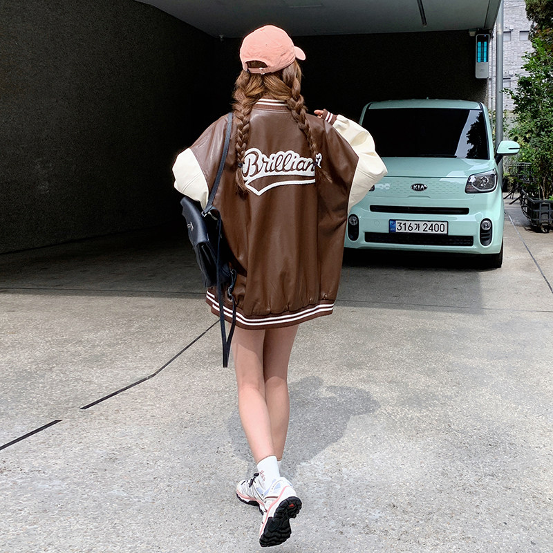 美式拼接设计感咖色PU皮衣外套女2023秋新款韩版小个子炸街棒球服,女装短外套,浙宝257