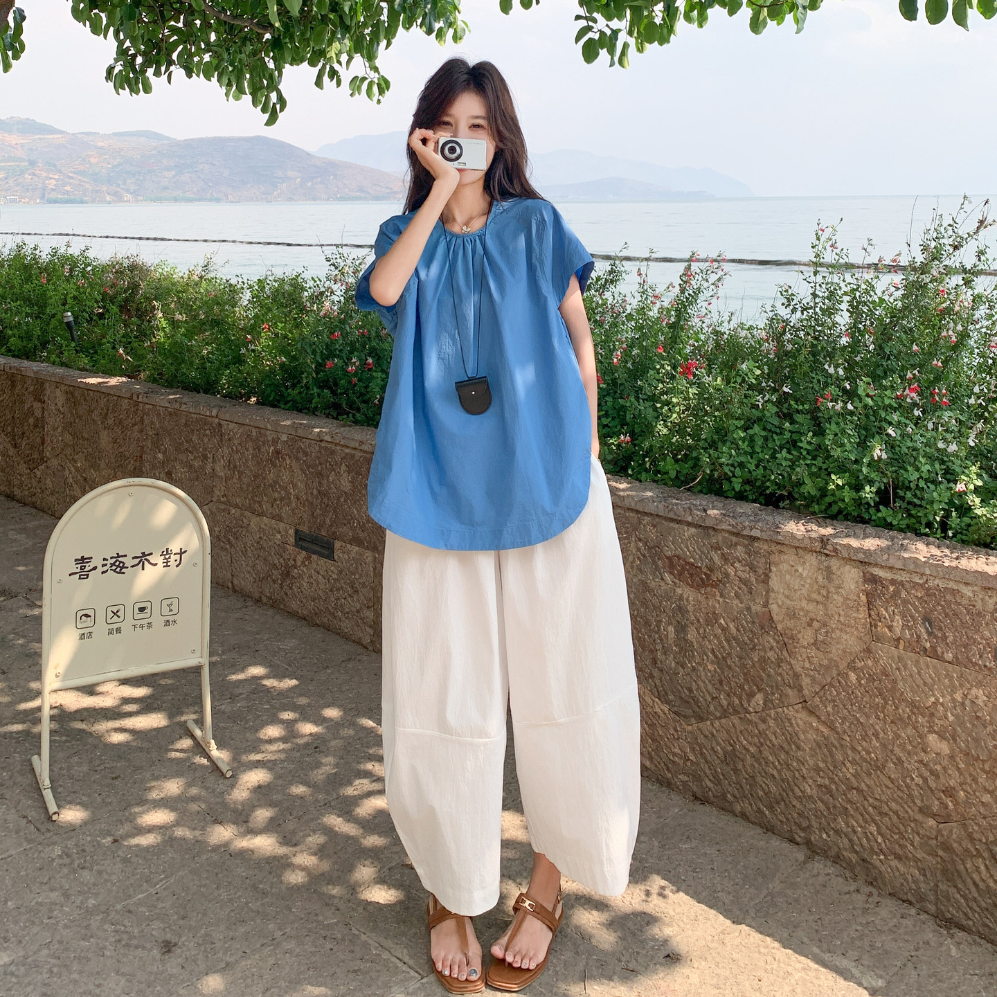 新款！现货！慵懒蓝色宽松休闲裤两件套257-58507-P155K228,女装套装/套裙,浙宝257