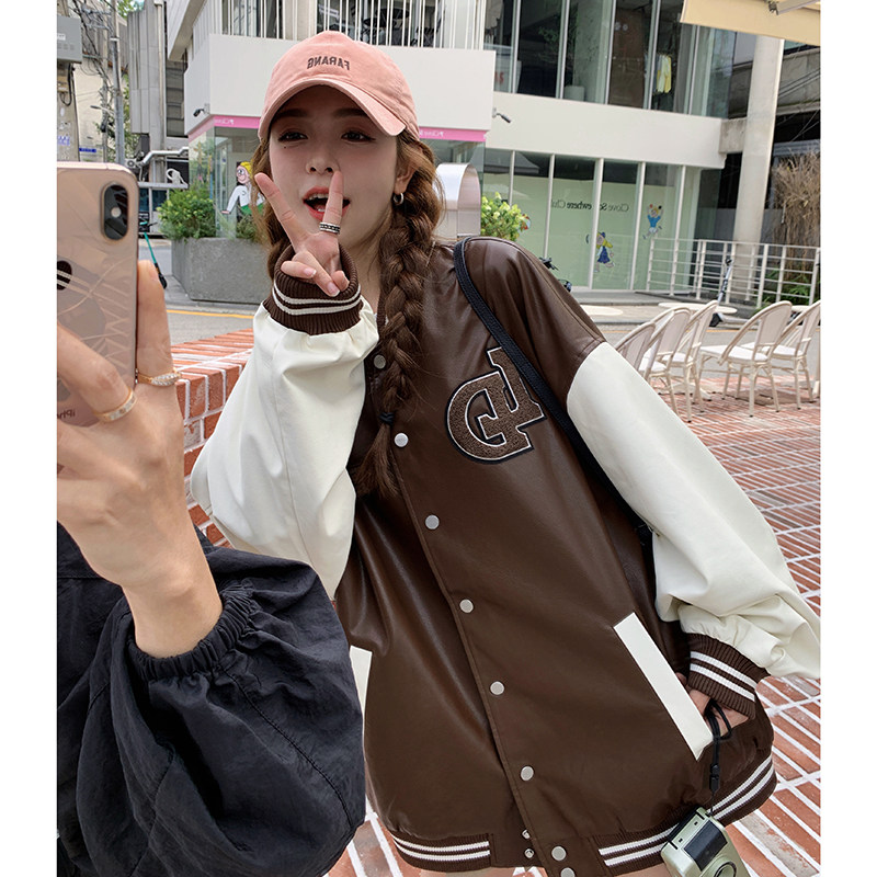 美式拼接设计感咖色PU皮衣外套女2023秋新款韩版小个子炸街棒球服,女装短外套,浙宝257