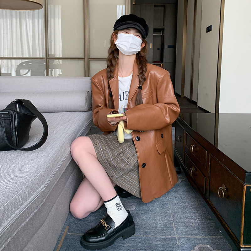 高级感时尚气质皮衣西服女春秋新款休闲显瘦小个子炸街小西装外套,女装皮衣,浙宝257