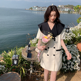 2025夏季新款韩版法式桔梗小香风娃娃领双排扣西装连衣裙显瘦裙子，女装连衣裙，浙宝257