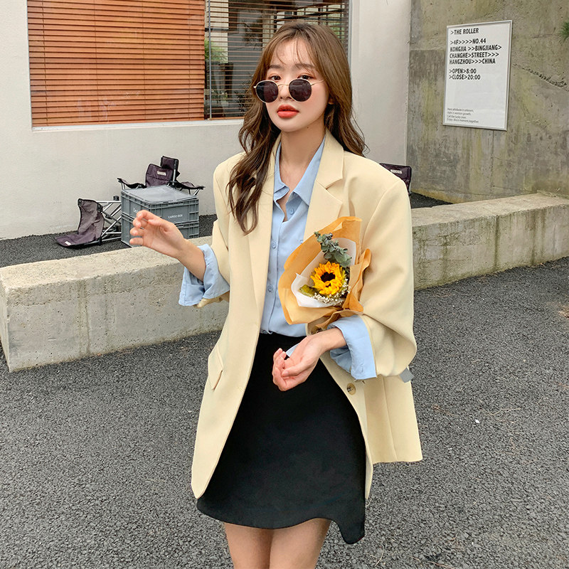 现货主推数据好韩版小个子米黄杏色宽松休闲小西装外套P115K168，女装西装，浙宝257