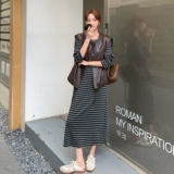 气质通勤风条纹T恤裙两件套女2025秋季休闲韩系皮马甲淡人两件套，女装套装/套裙，浙宝257