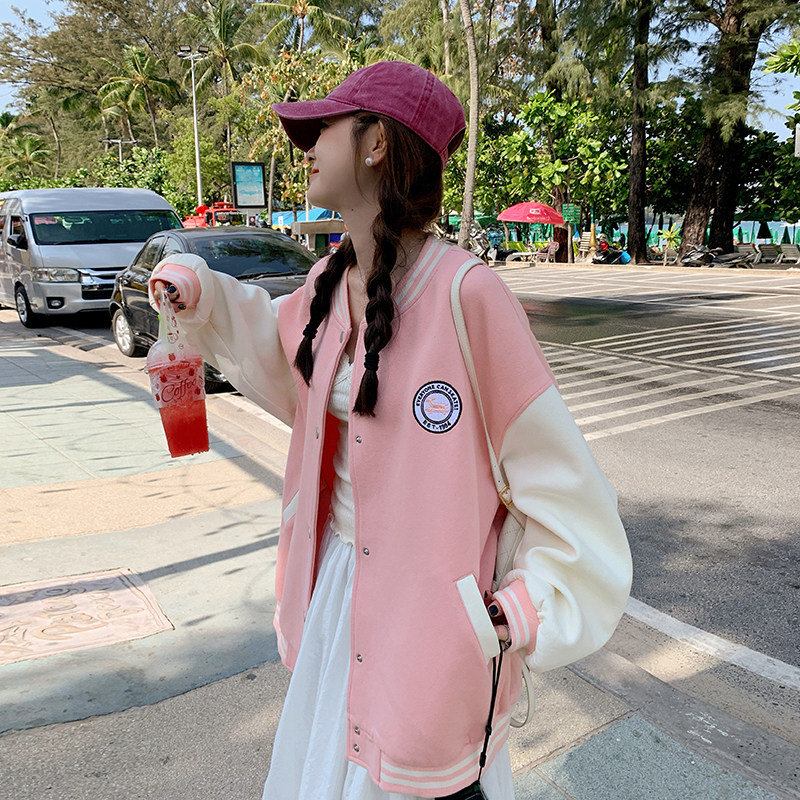 档口现货！粉色学院风棒球服字母刺绣撞257-58250-P135K188,女装短外套,浙宝257