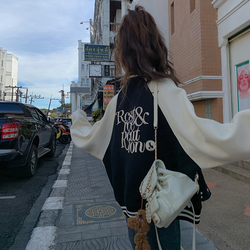 美式复古棒球服外套女春秋款2024新款学院风撞色时尚炸街百搭夹克,女装短外套,浙宝257