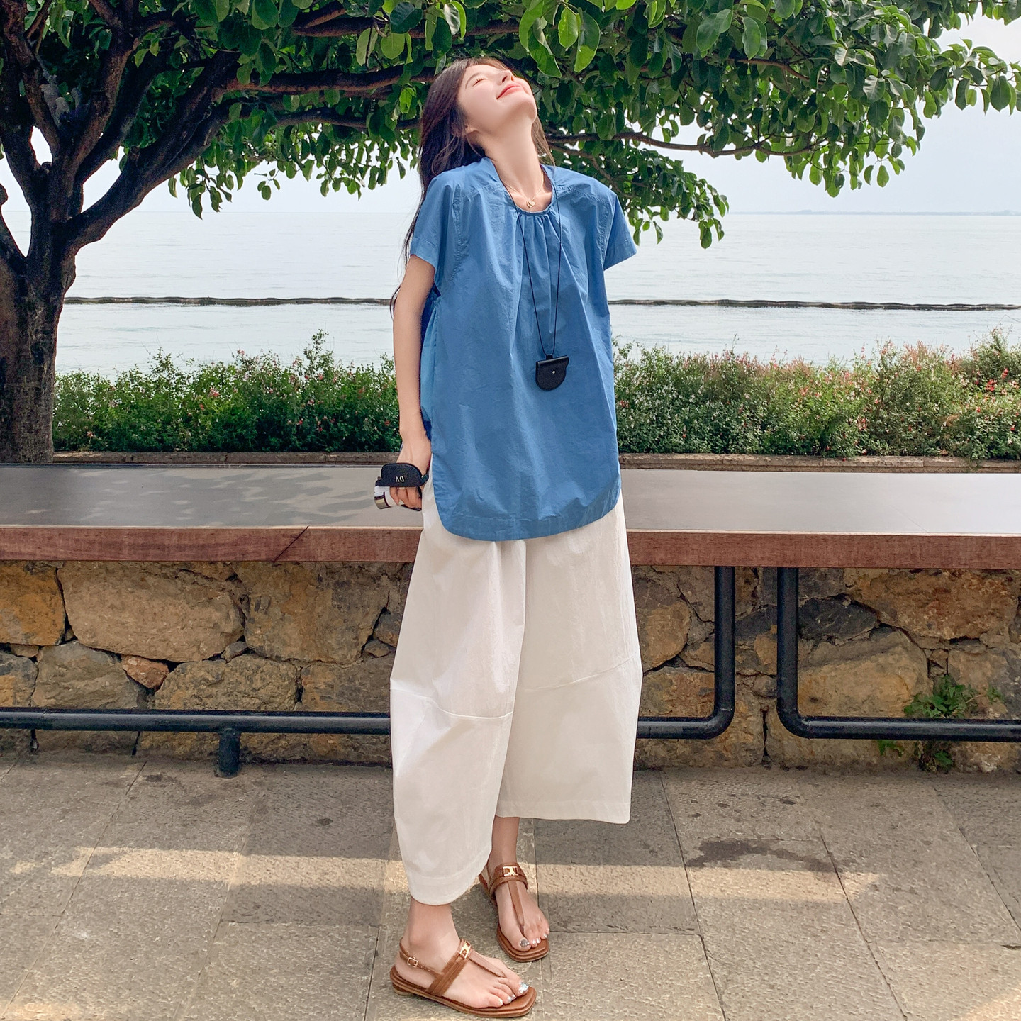 蓝色休闲衬衫套装女夏季2025新款韩版慵懒风宽松显瘦阔腿裤两件套,女装套装/套裙,浙宝257