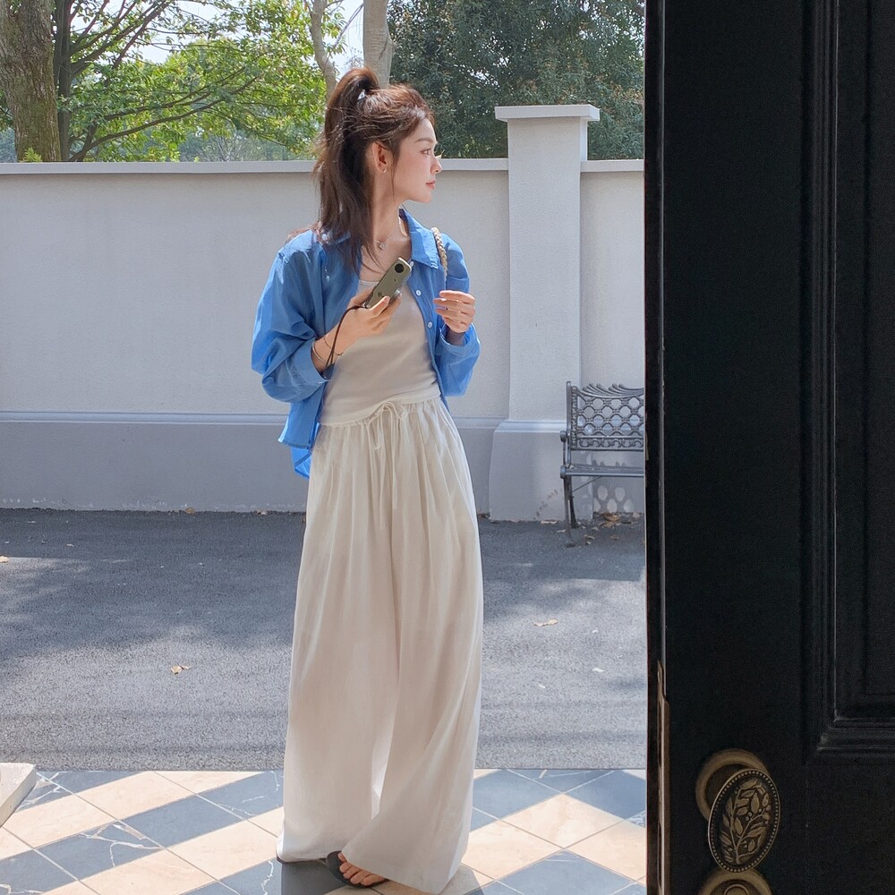 蓝色衬衫吊带阔腿裤套装女夏季2025新款三件套高级感流行超火韩系,女装套装/套裙,浙宝257