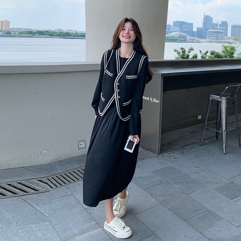 法式时尚拼色小香风马甲套装女2025春秋季新款显瘦气质长裙两件套,女装套装/套裙,浙宝257