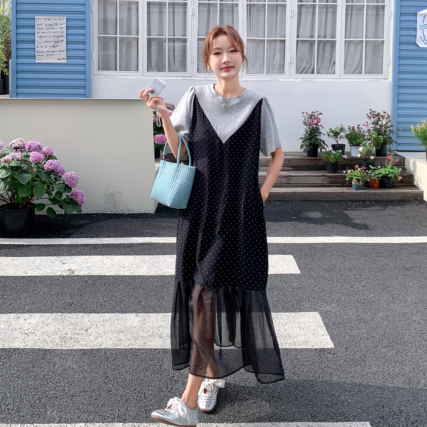 网纱拼接波点连衣裙女2025夏新款法式设计感宽松显瘦假两件T恤裙,女装连衣裙,浙宝257