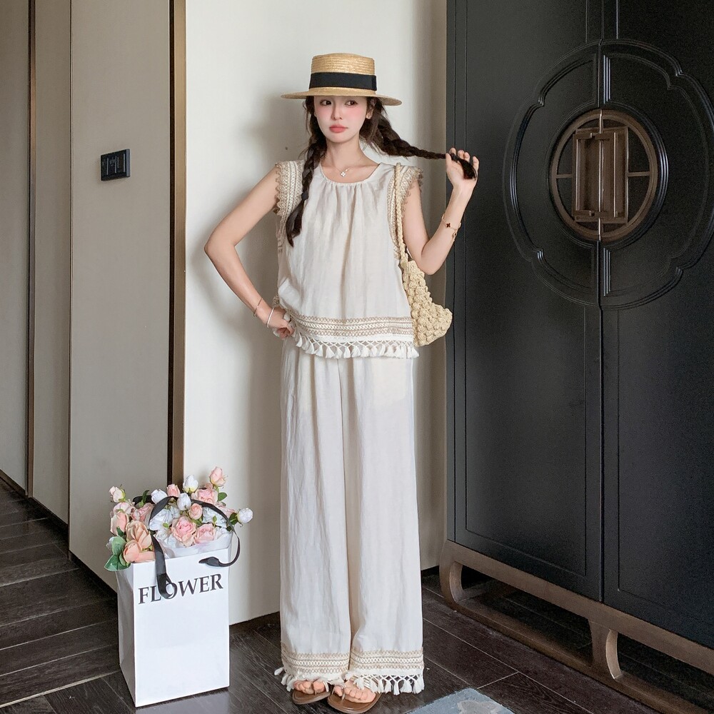 波西米亚度假风套装女2025夏季新款流苏拼接无袖背心阔腿裤两件套,女装套装/套裙,浙宝257