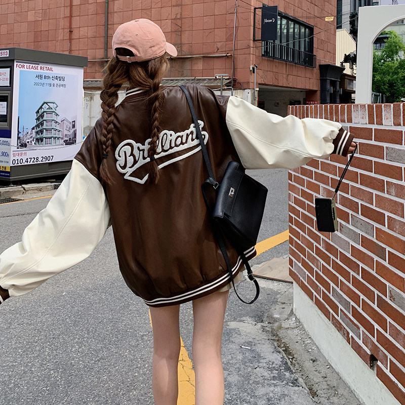 美式拼接设计感咖色PU皮衣外套女2023秋新款韩版小个子炸街棒球服图片