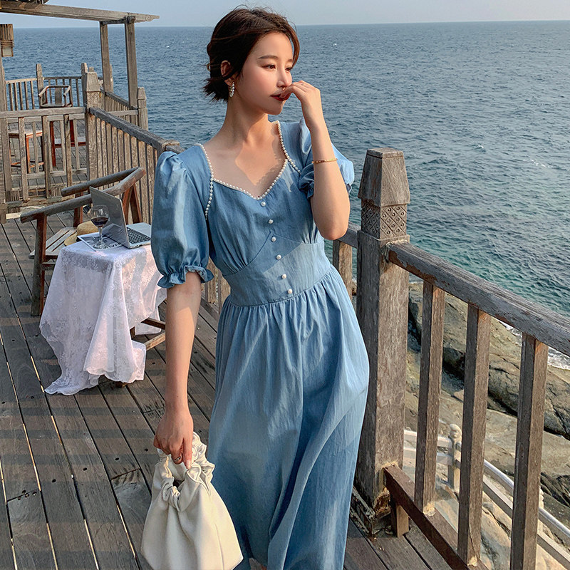 【新品现货】有已出货！珍珠装饰显瘦牛仔连衣裙P105K168,女装连衣裙,浙宝257