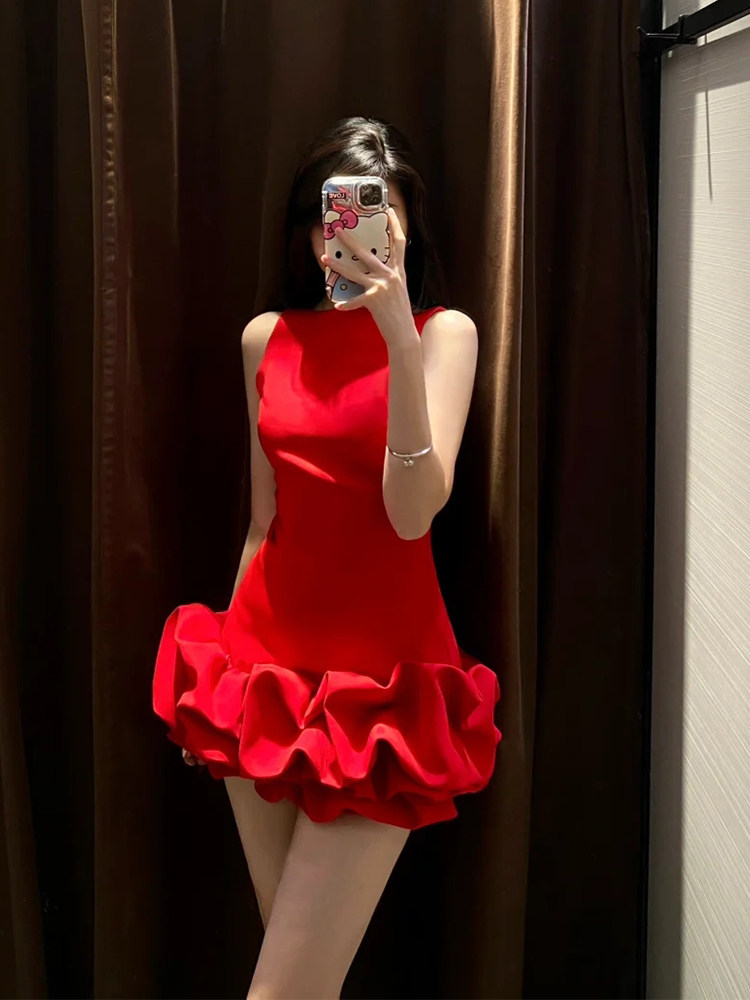 레드 슬림 웨이스트 민소매 푹신한 백리스 프렌치 버드 드레스 쁘띠 짧은 스커트 생일 드레스