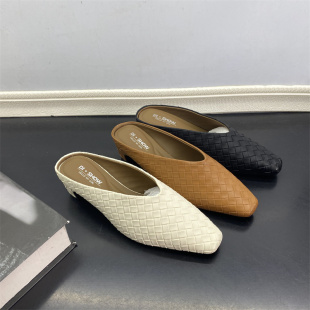 春夏新款 一脚蹬外穿包头单鞋 女粗跟方头半拖鞋 编织穆勒鞋