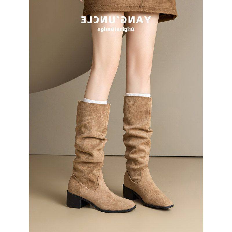 堆堆靴女长筒靴西部高筒靴骑士靴粗跟绒面复古方头牛仔靴褶皱长靴,女鞋,时装靴,淘宝优惠券,粉丝福利购,淘宝优惠卷