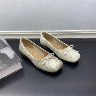 春夏款 甜美风蝴蝶结方头芭蕾舞鞋 女平跟软底一脚蹬浅口单鞋