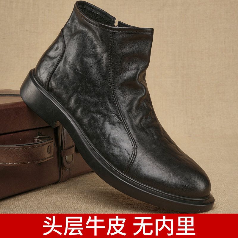 男士皱皮马丁靴头层牛皮高帮鞋透气休闲单层鞋时尚潮流侧拉链皮鞋