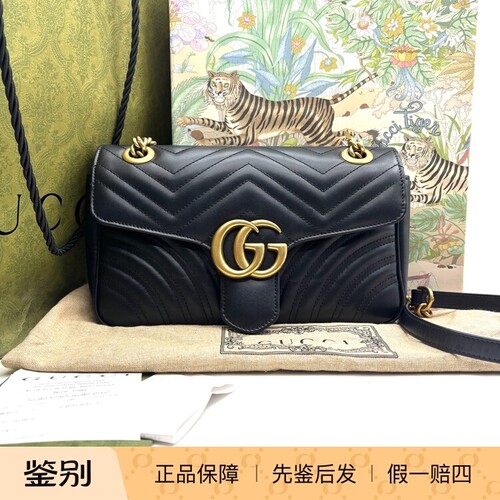 GUCCI古驰 GG Marmont 黑色马蒙26绗缝牛皮 98新 18839729
