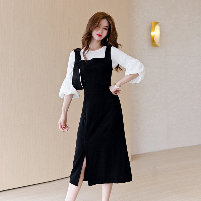 2020秋季新款黑色套装背带连衣裙女装小众设计感两件套a字长裙子
