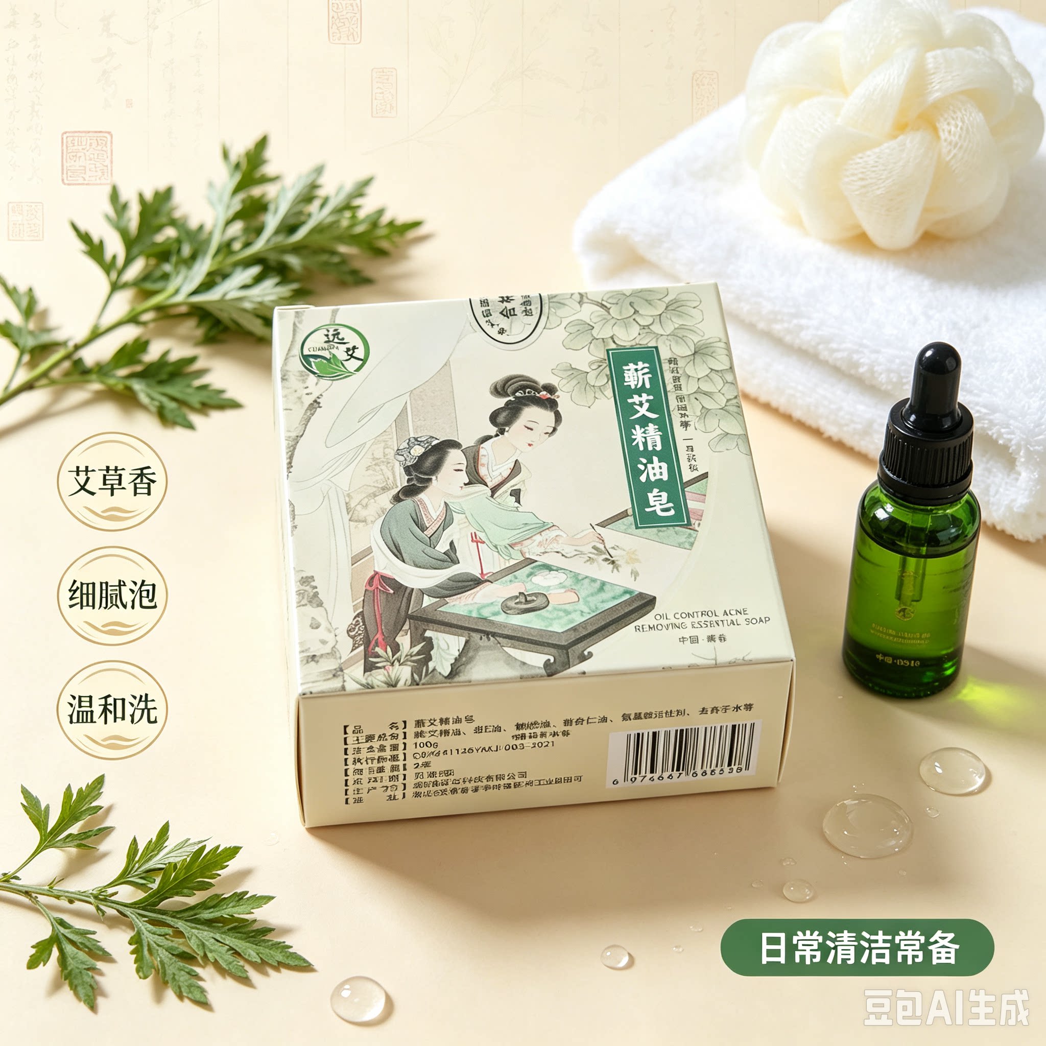 蕲艾精油皂盒装草本植物香皂面部身体两用清洁皂 家用沐浴洗脸皂