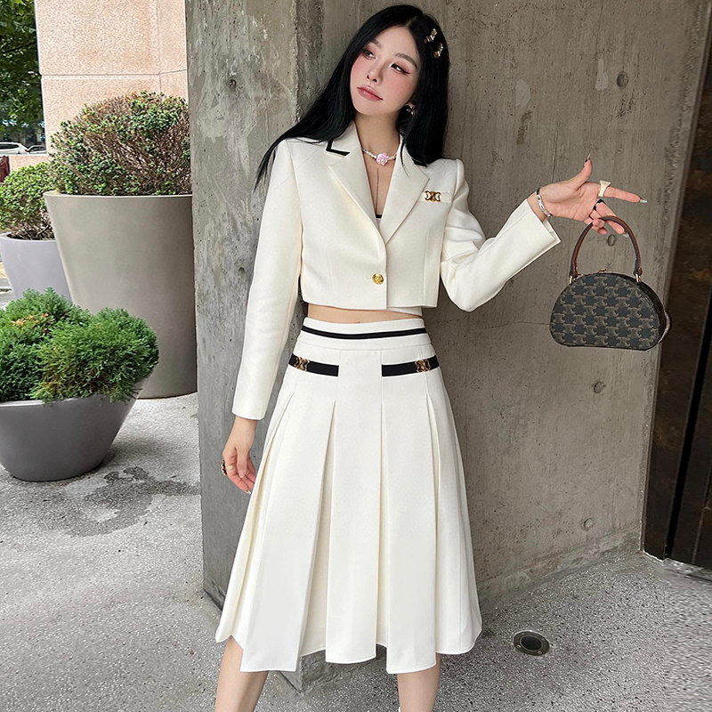 西装裙套装女御姐轻熟风撞色拼接工字压褶半裙小个子高级感两件套
