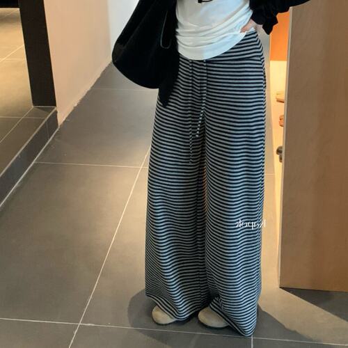UM条纹慵懒宽松休闲裤女秋季新款遛弯直筒裤子显瘦高腰阔腿拖地裤