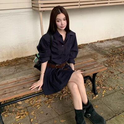 原版面料+内里+拉链+腰带 秋季百搭衬衫气质显瘦设计感连衣裙短裙